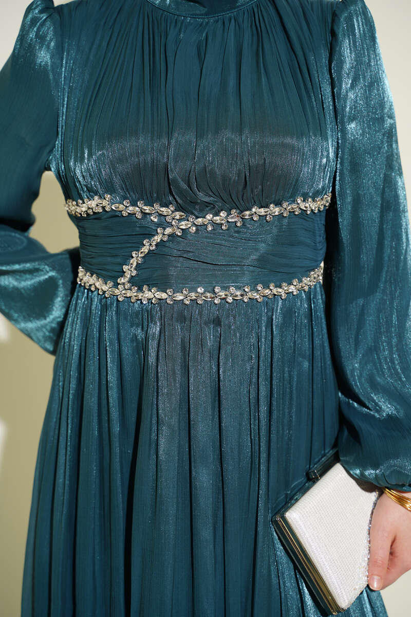 Gathered Evening Dress with Jewelled Waist Band - Emerald
