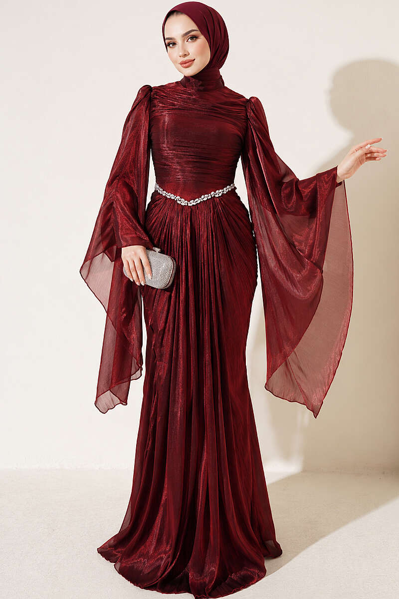 Draped Evening Dress with Stone Waist - Burgundy