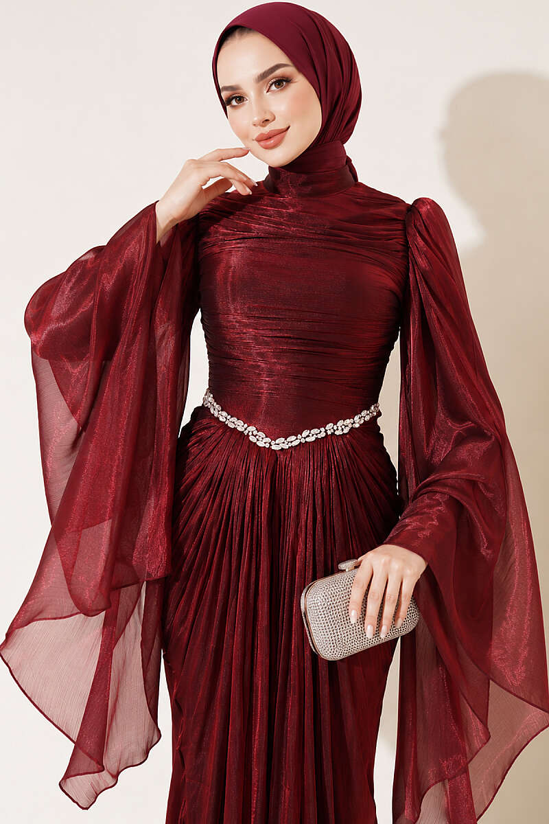 Draped Evening Dress with Stone Waist - Burgundy
