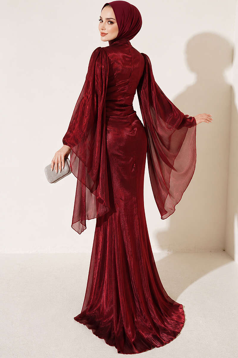 Draped Evening Dress with Stone Waist - Burgundy