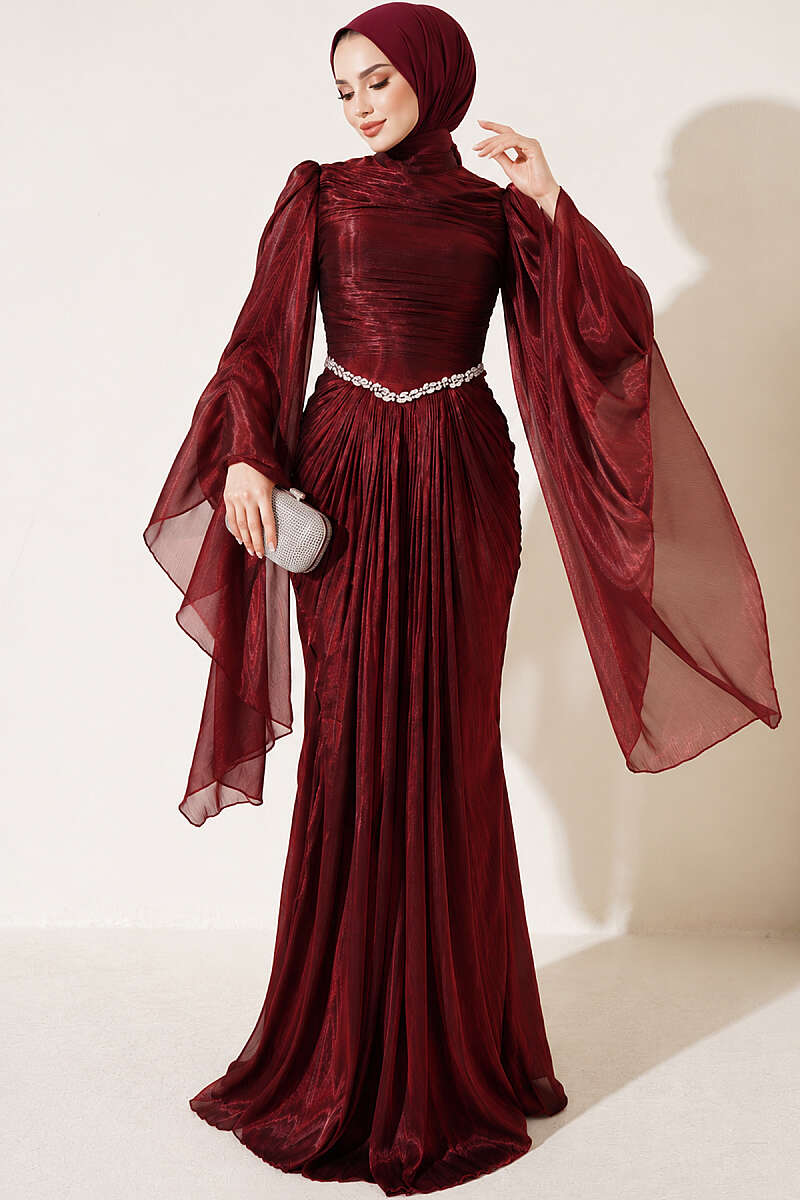 Draped Evening Dress with Stone Waist - Burgundy