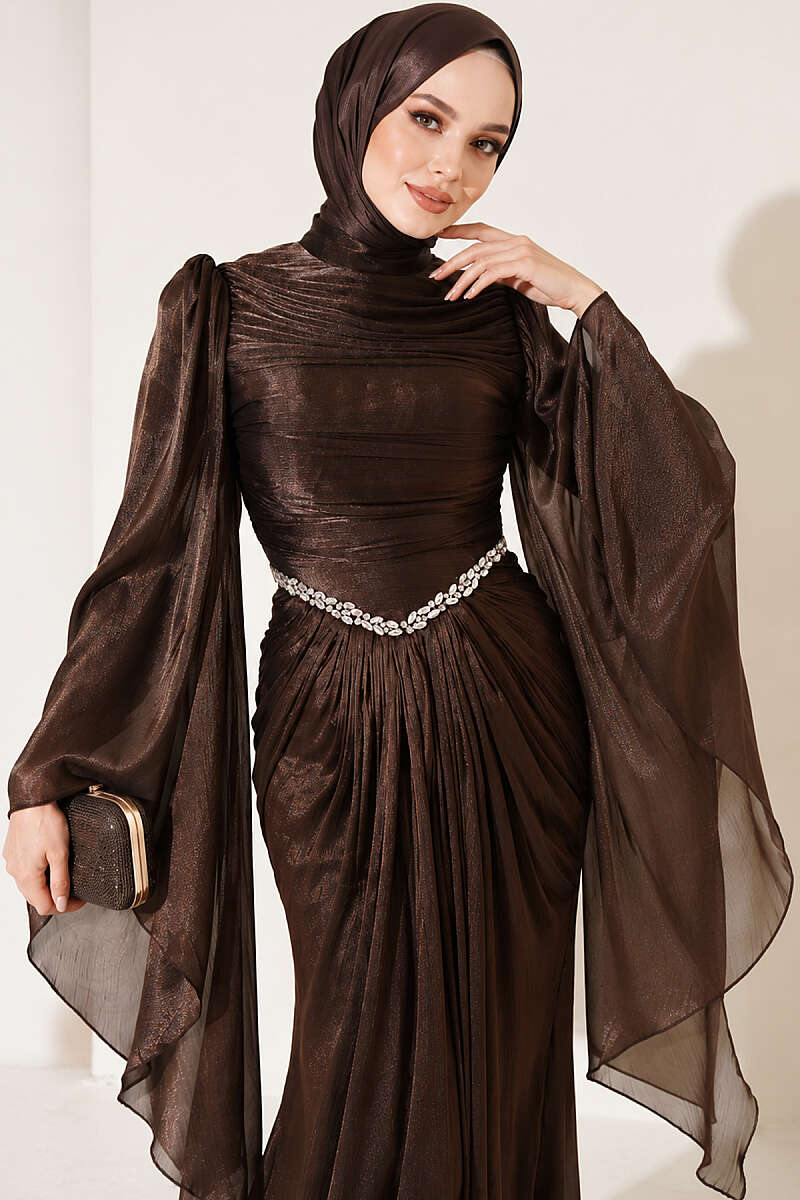 Draped Evening Dress with Stone Waist - Brown