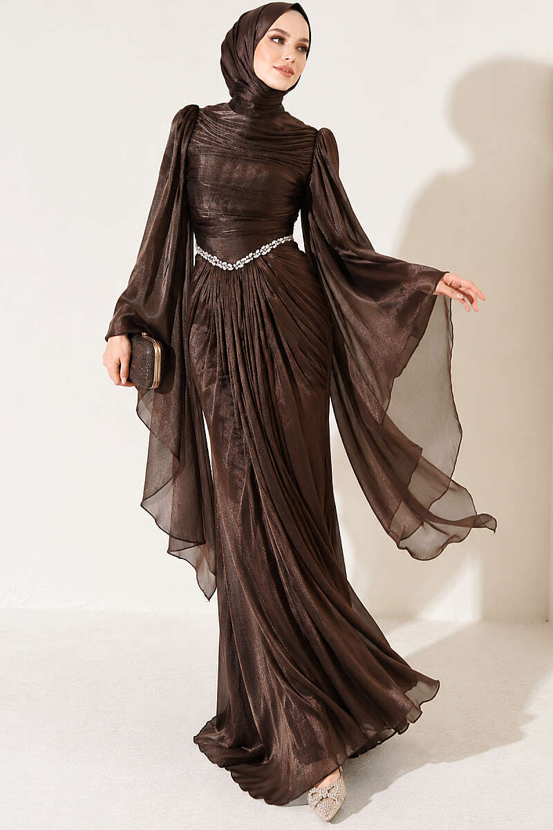Draped Evening Dress with Stone Waist - Brown