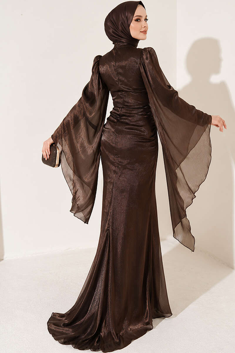 Draped Evening Dress with Stone Waist - Brown