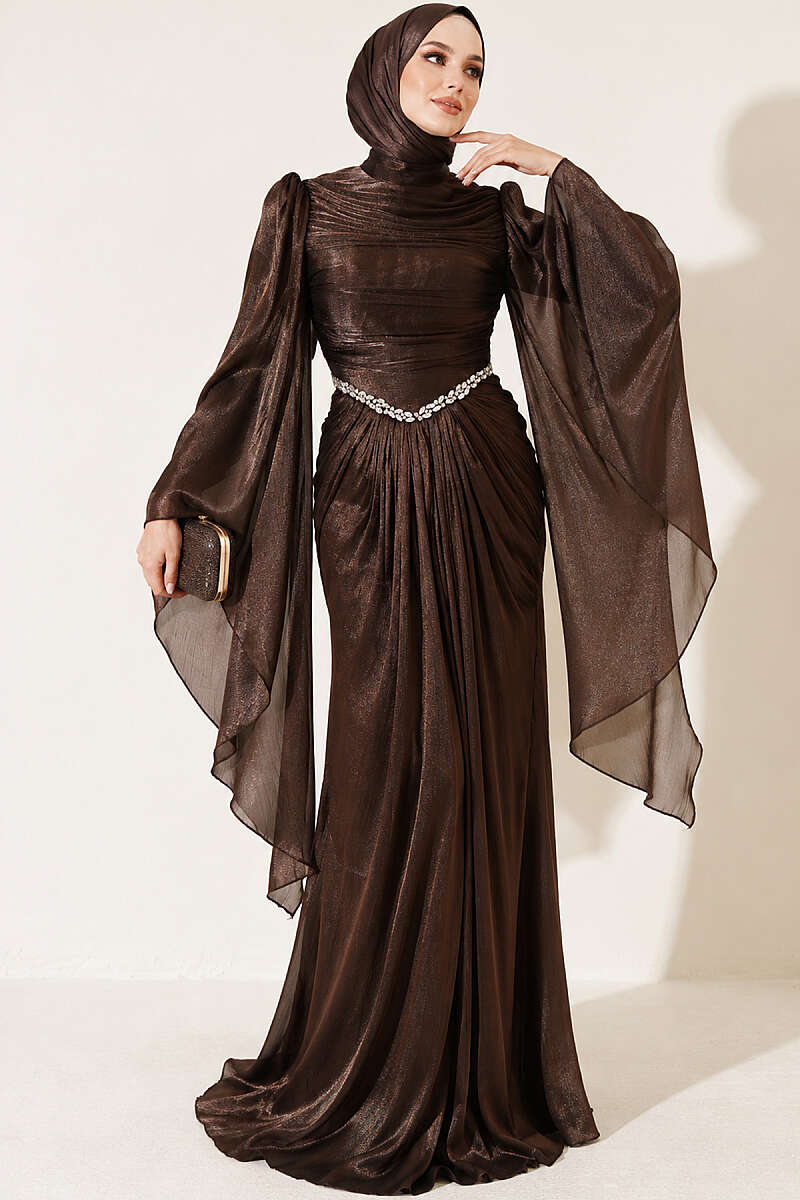 Draped Evening Dress with Stone Waist - Brown