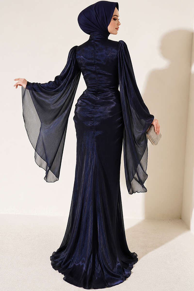 Draped Evening Dress with Stone Waist - Navy