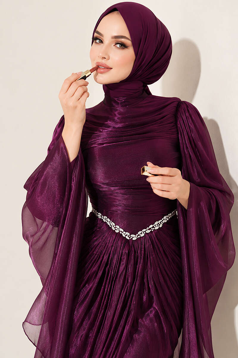 Draped Evening Dress with Stone Waist - Purple