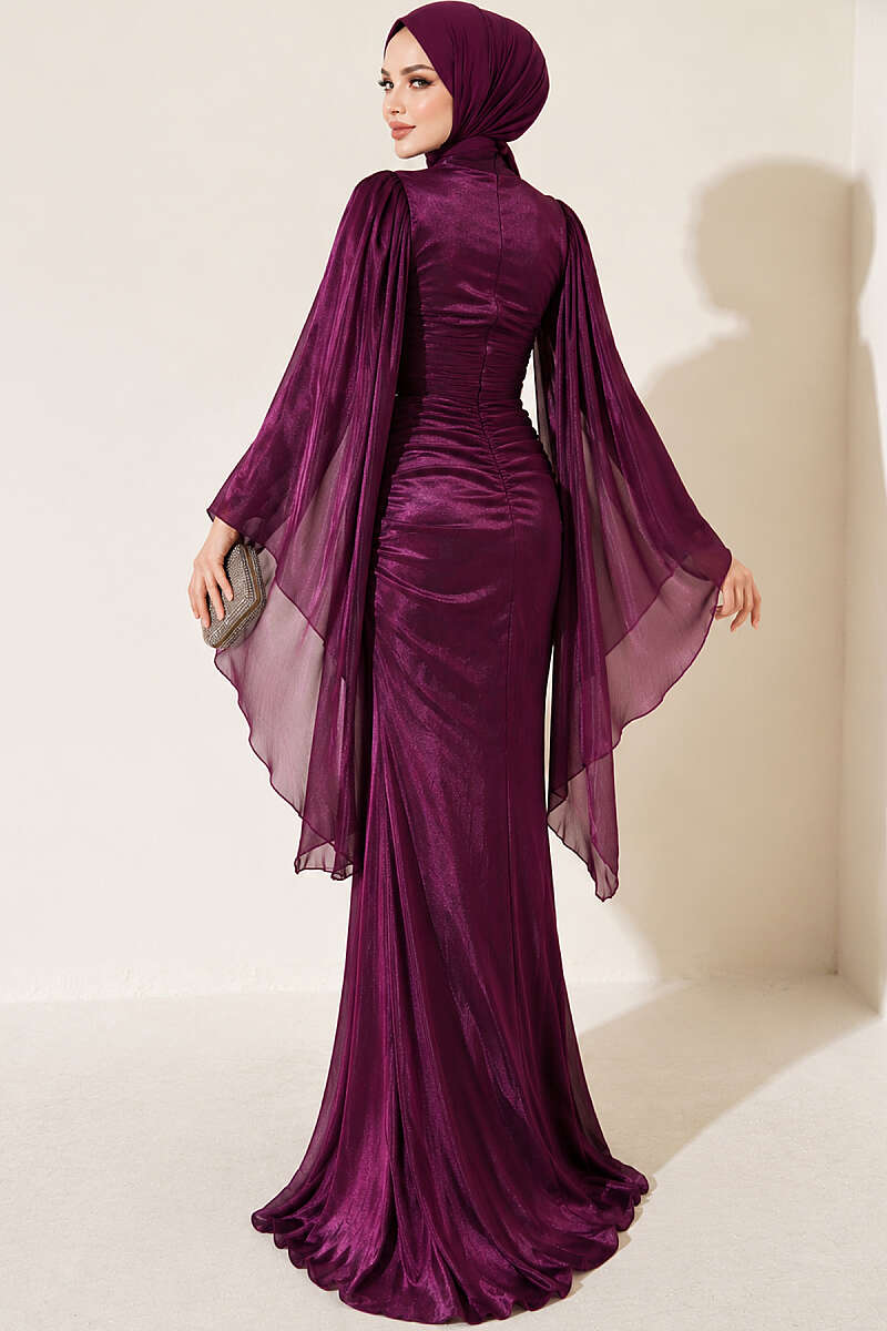 Draped Evening Dress with Stone Waist - Purple