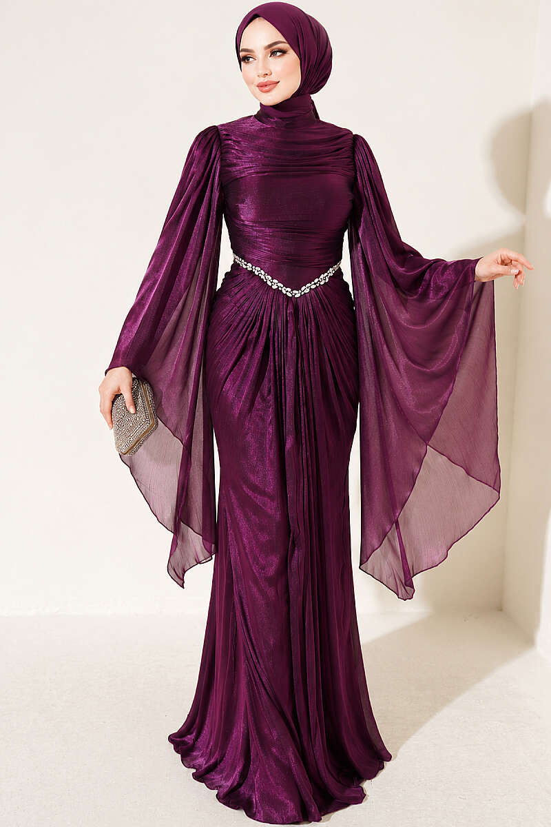 Draped Evening Dress with Stone Waist - Purple