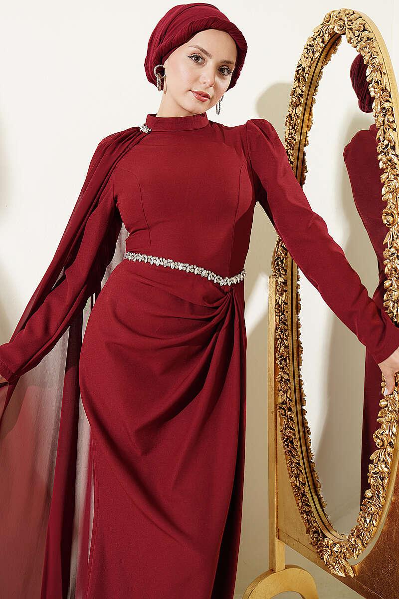 Evening Dress with Cape and Stone Waist - Burgundy