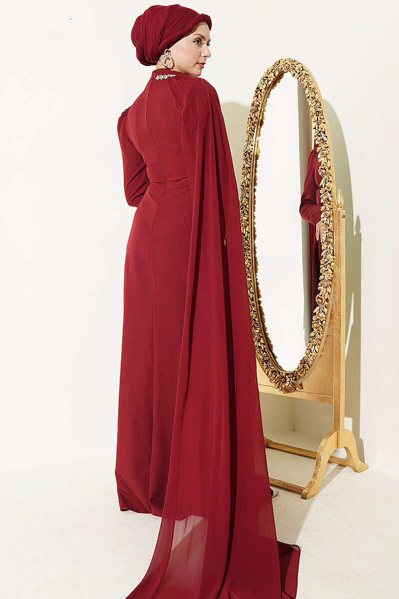 Evening Dress with Cape and Stone Waist - Burgundy