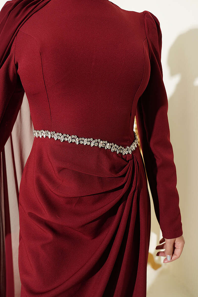 Evening Dress with Cape and Stone Waist - Burgundy