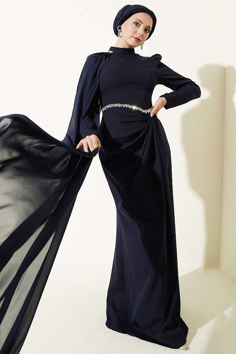 Evening Dress with Cape and Stone Waist - Navy