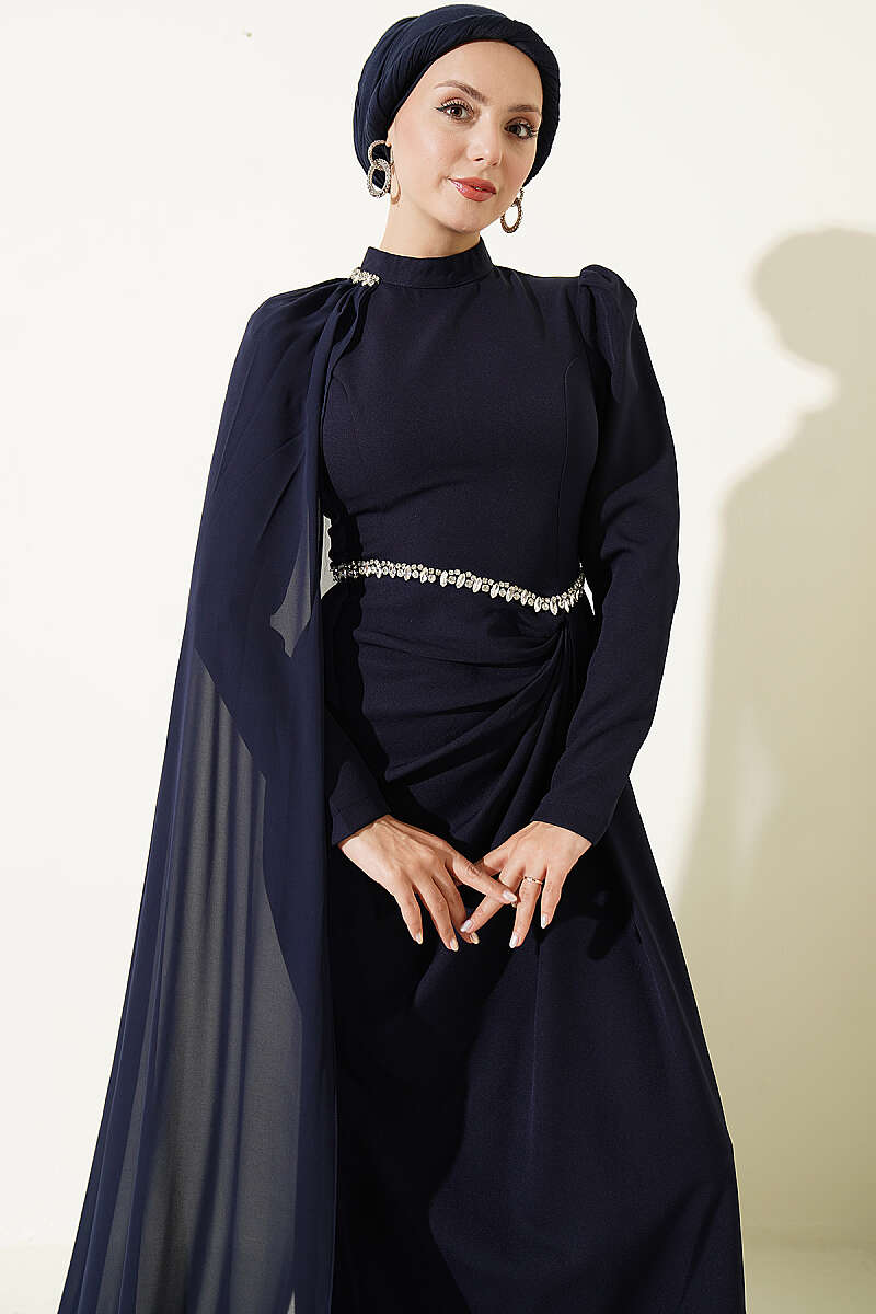 Evening Dress with Cape and Stone Waist - Navy