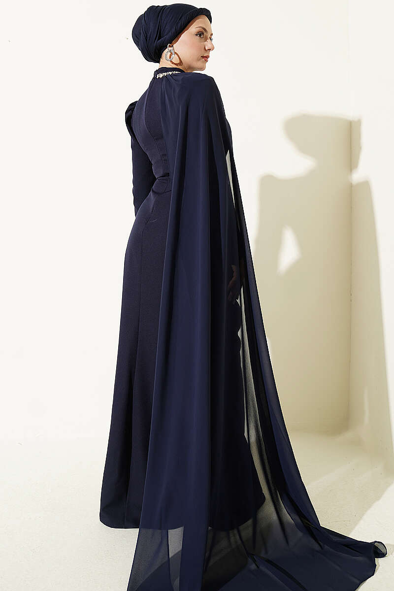 Evening Dress with Cape and Stone Waist - Navy