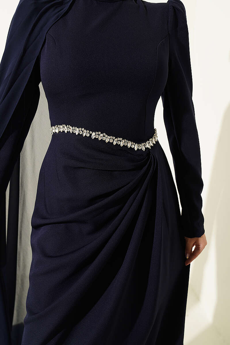 Evening Dress with Cape and Stone Waist - Navy
