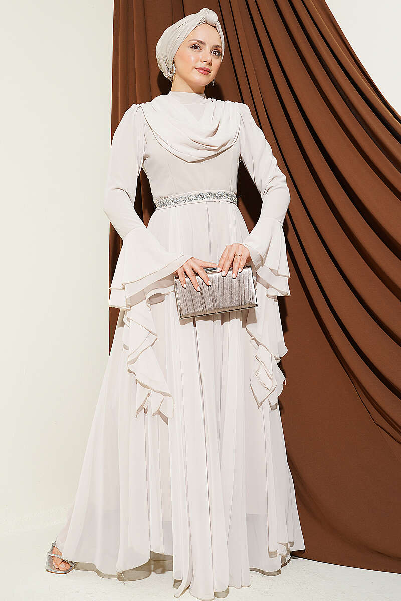 Chiffon Evening Dress with Cowl Neck and Stone Waist - Stone