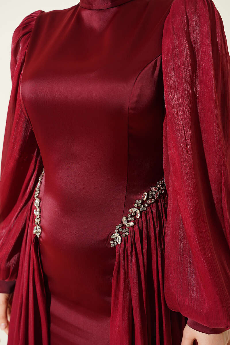 Cape Evening Dress with Stone Waist - Burgundy