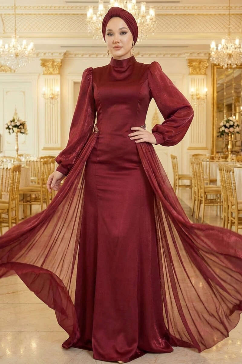 Cape Evening Dress with Stone Waist - Burgundy