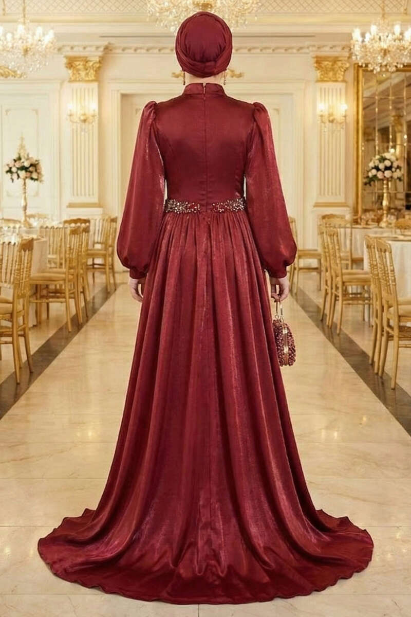 Cape Evening Dress with Stone Waist - Burgundy