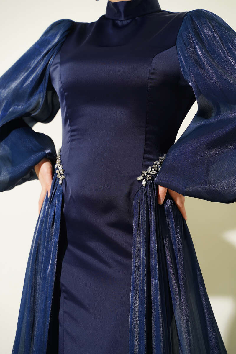 Cape Evening Dress with Stone Waist - Navy