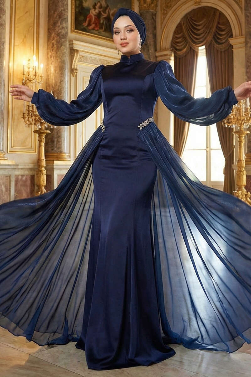 Cape Evening Dress with Stone Waist - Navy
