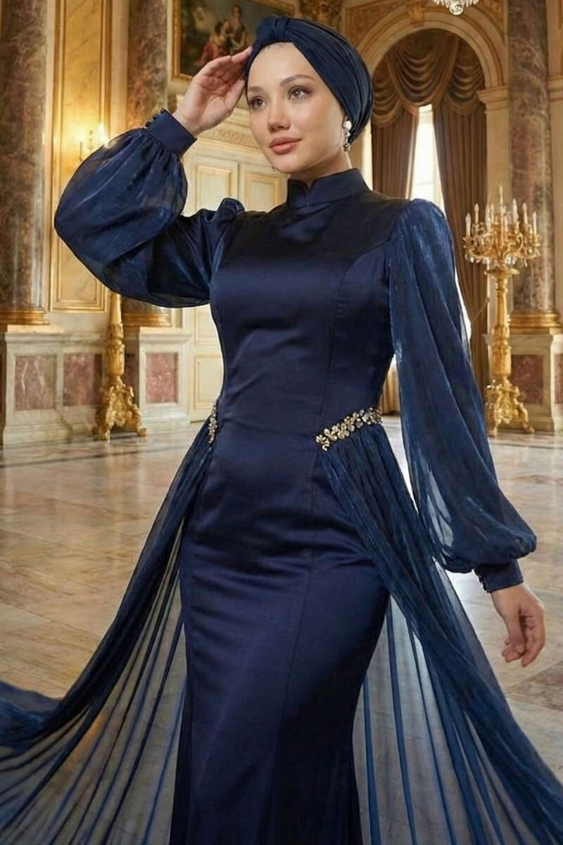 Cape Evening Dress with Stone Waist - Navy