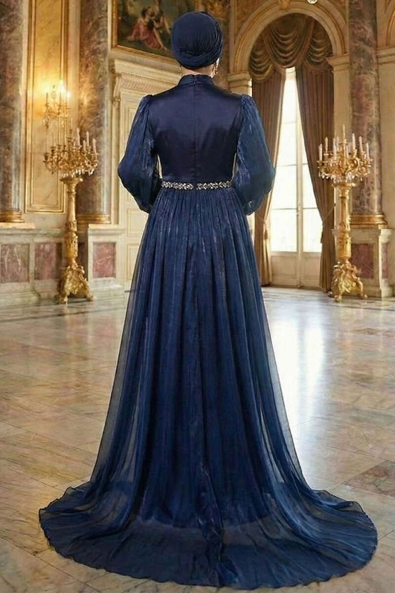 Cape Evening Dress with Stone Waist - Navy