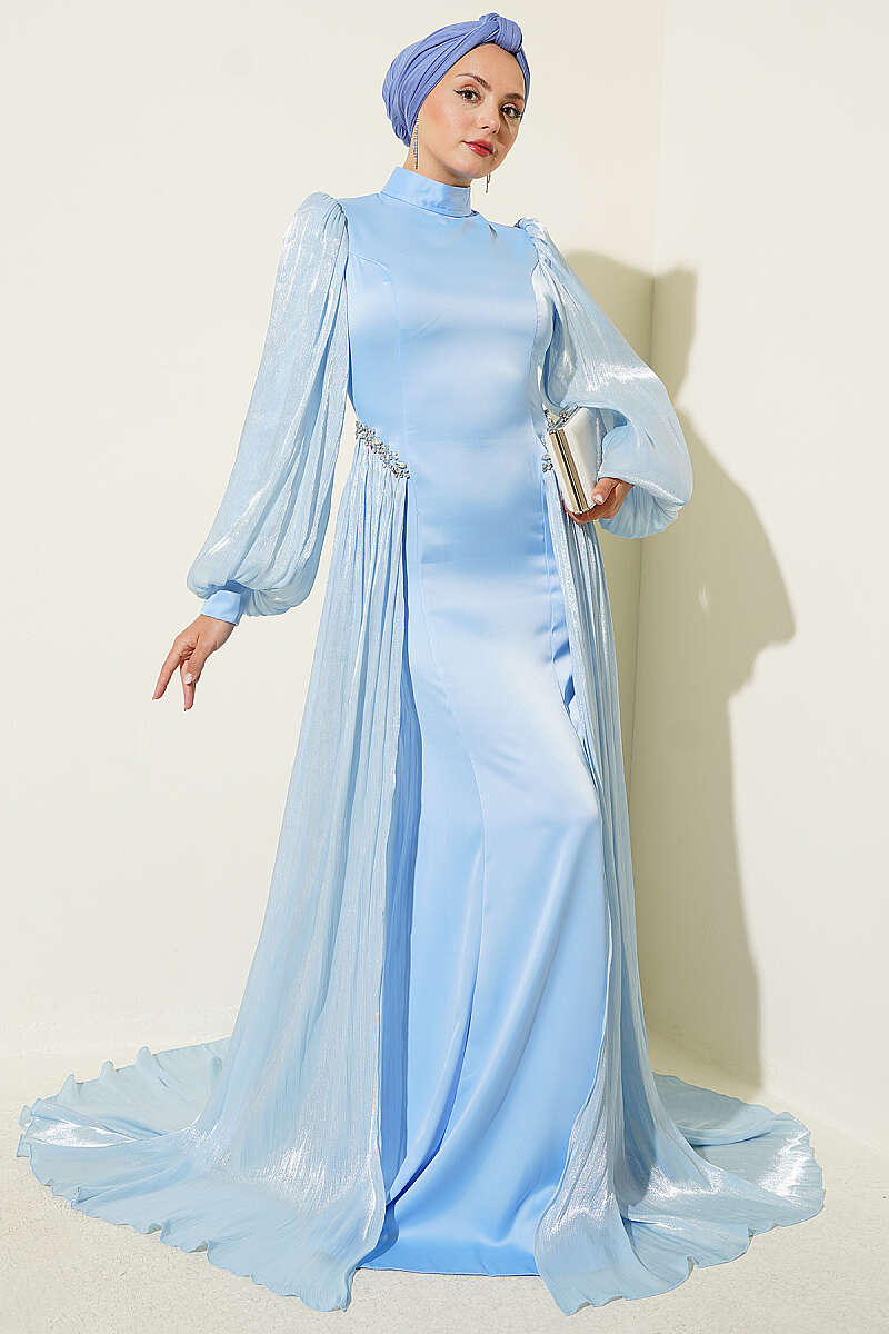 Cape Evening Dress with Stone Waist - Blue