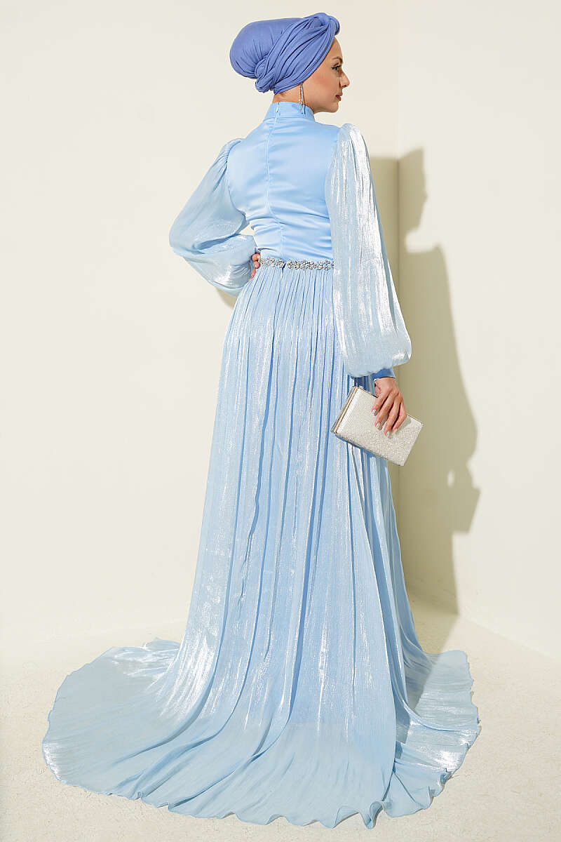 Cape Evening Dress with Stone Waist - Blue