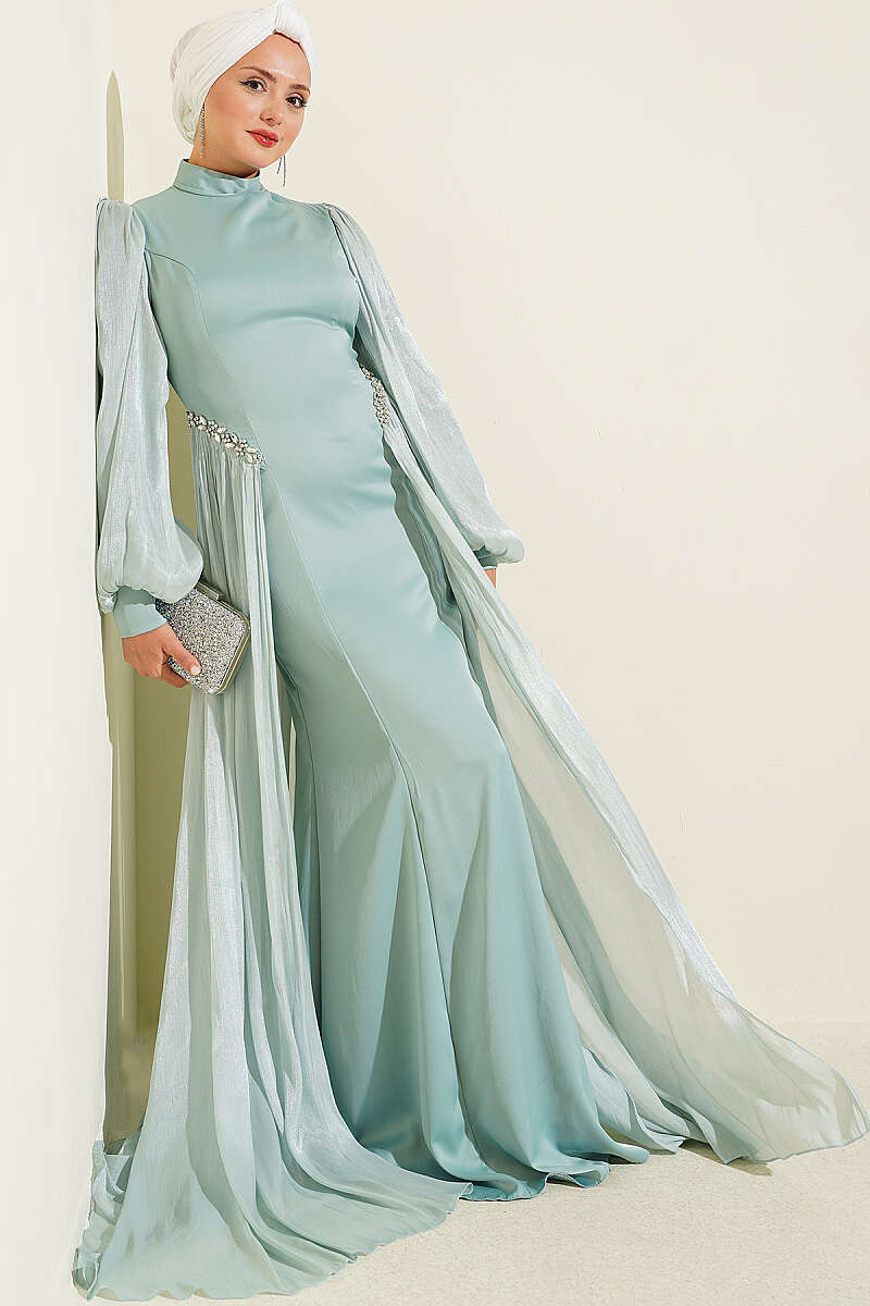 Cape Evening Dress with Stone Waist - Mint