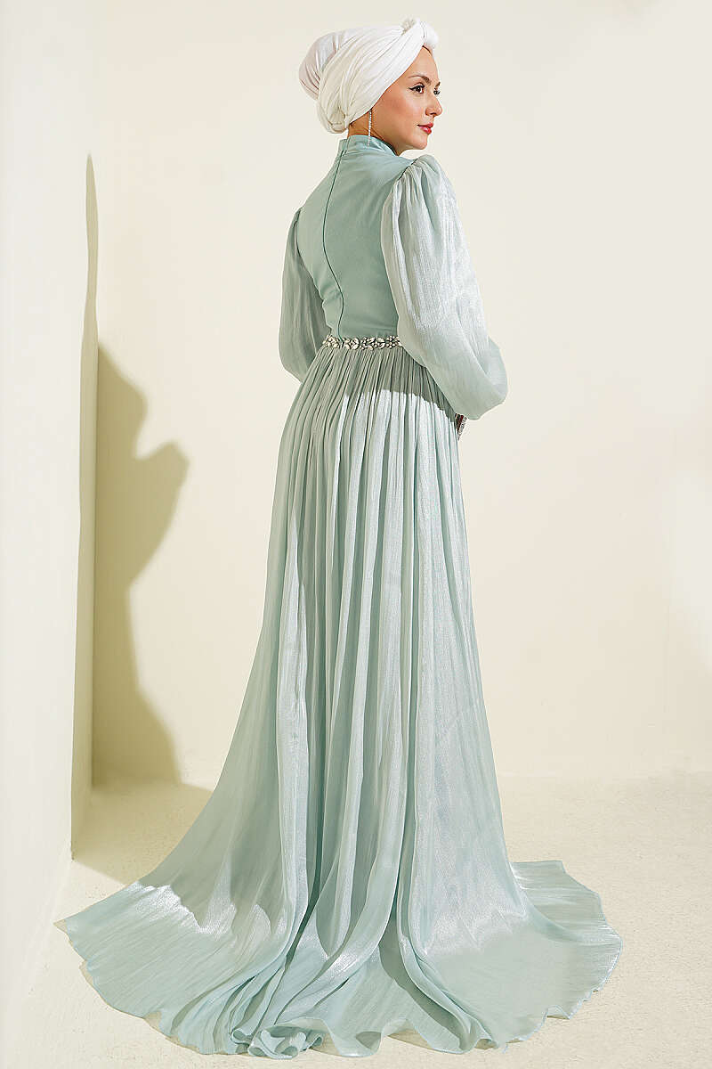 Cape Evening Dress with Stone Waist - Mint