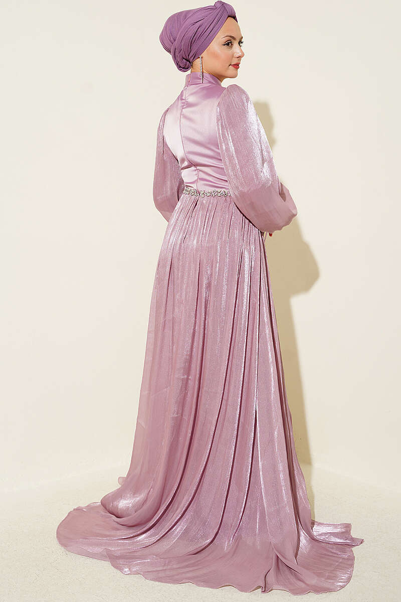 Cape Evening Dress with Stone Waist - Powder