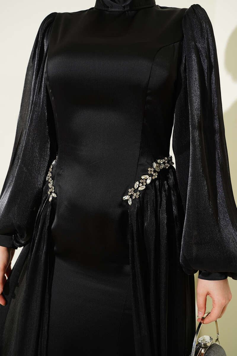 Cape Evening Dress with Stone Waist - Black