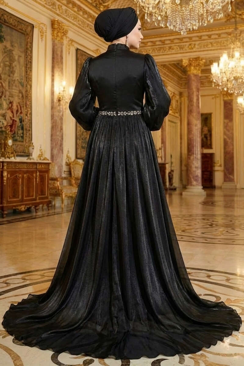 Cape Evening Dress with Stone Waist - Black