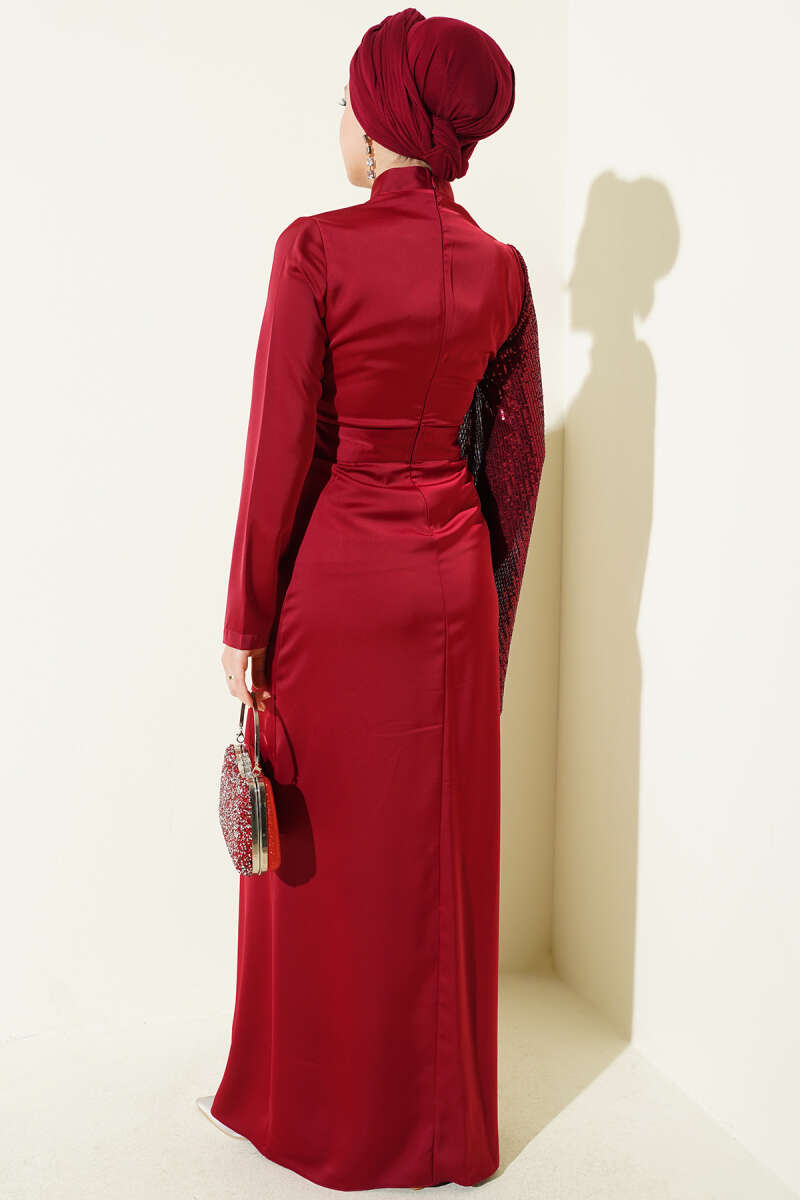 Sequin Evening Dress with Stone Waist - Burgundy