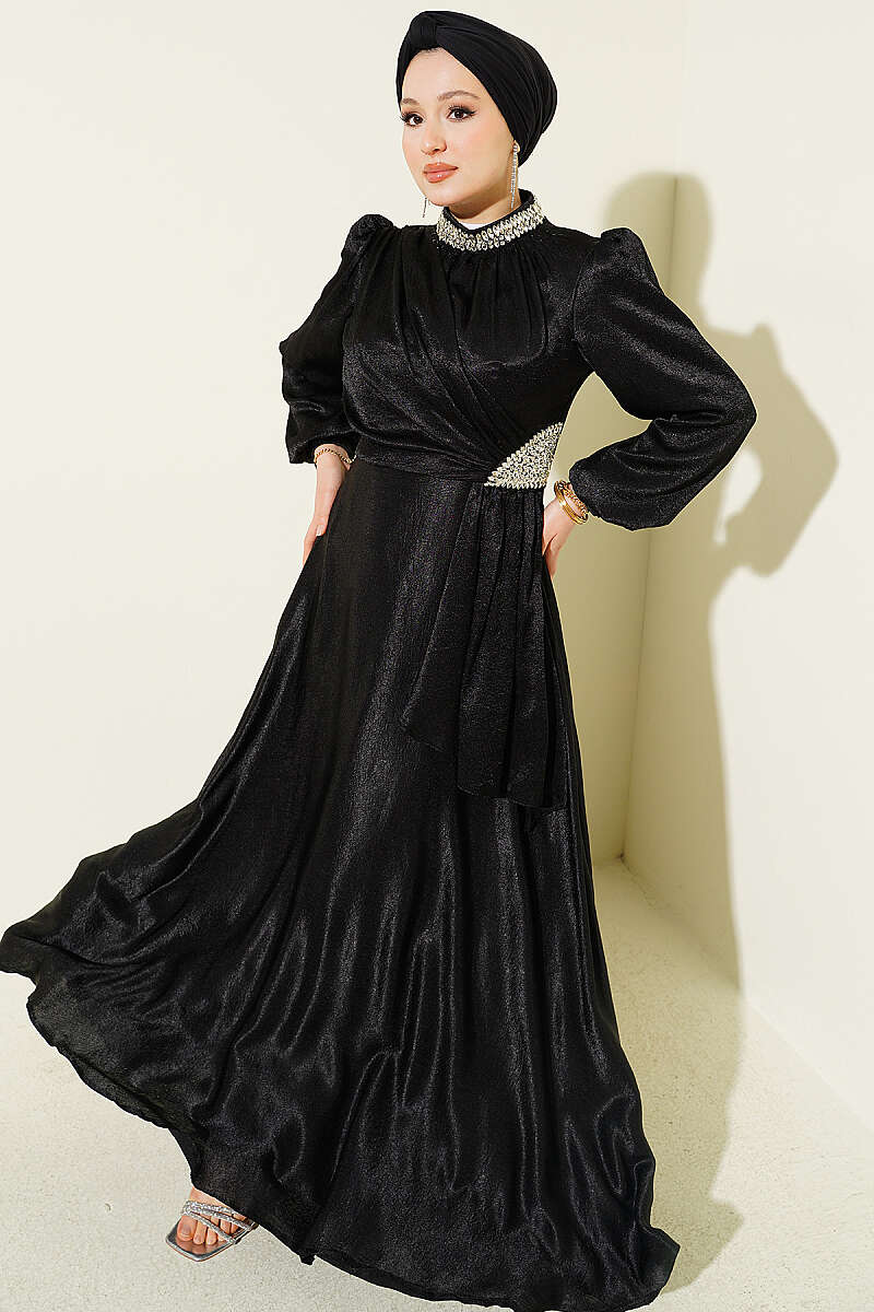 Evening Dress with Stone Waist and Side Gathering - Black