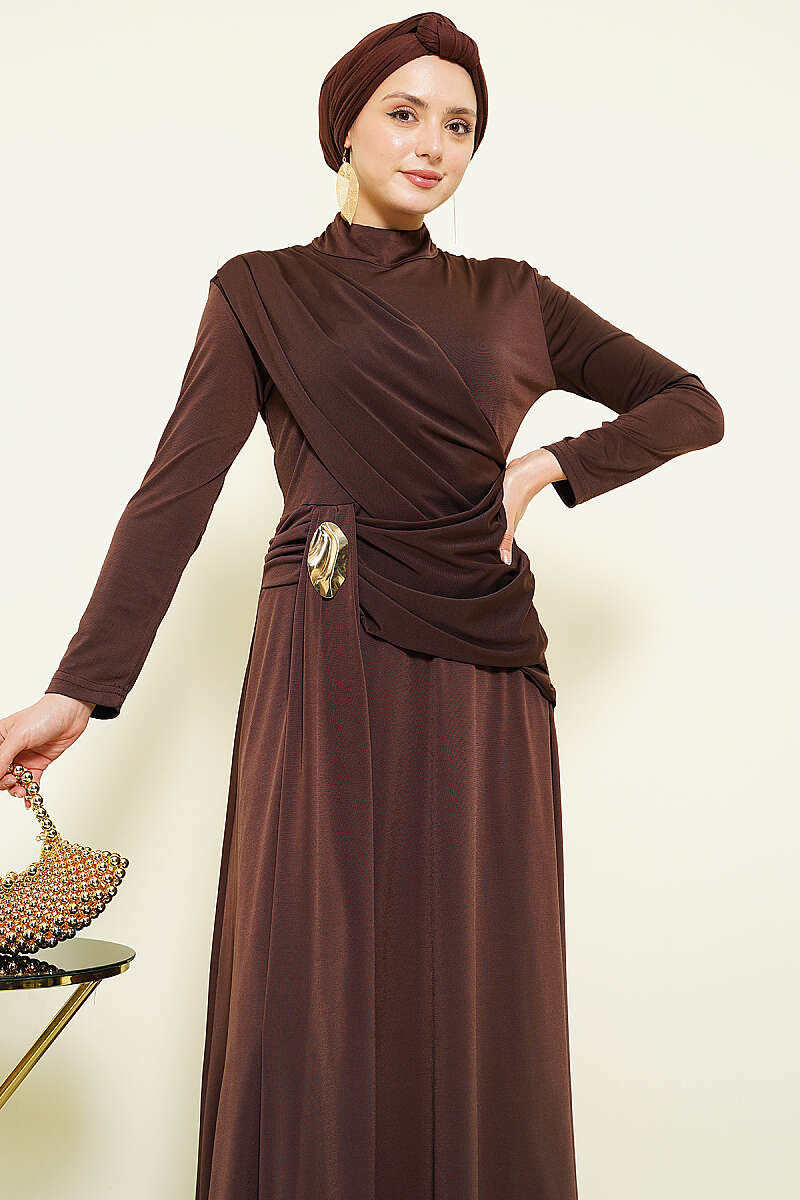 Evening Dress with Waist Buckle - Dark Brown