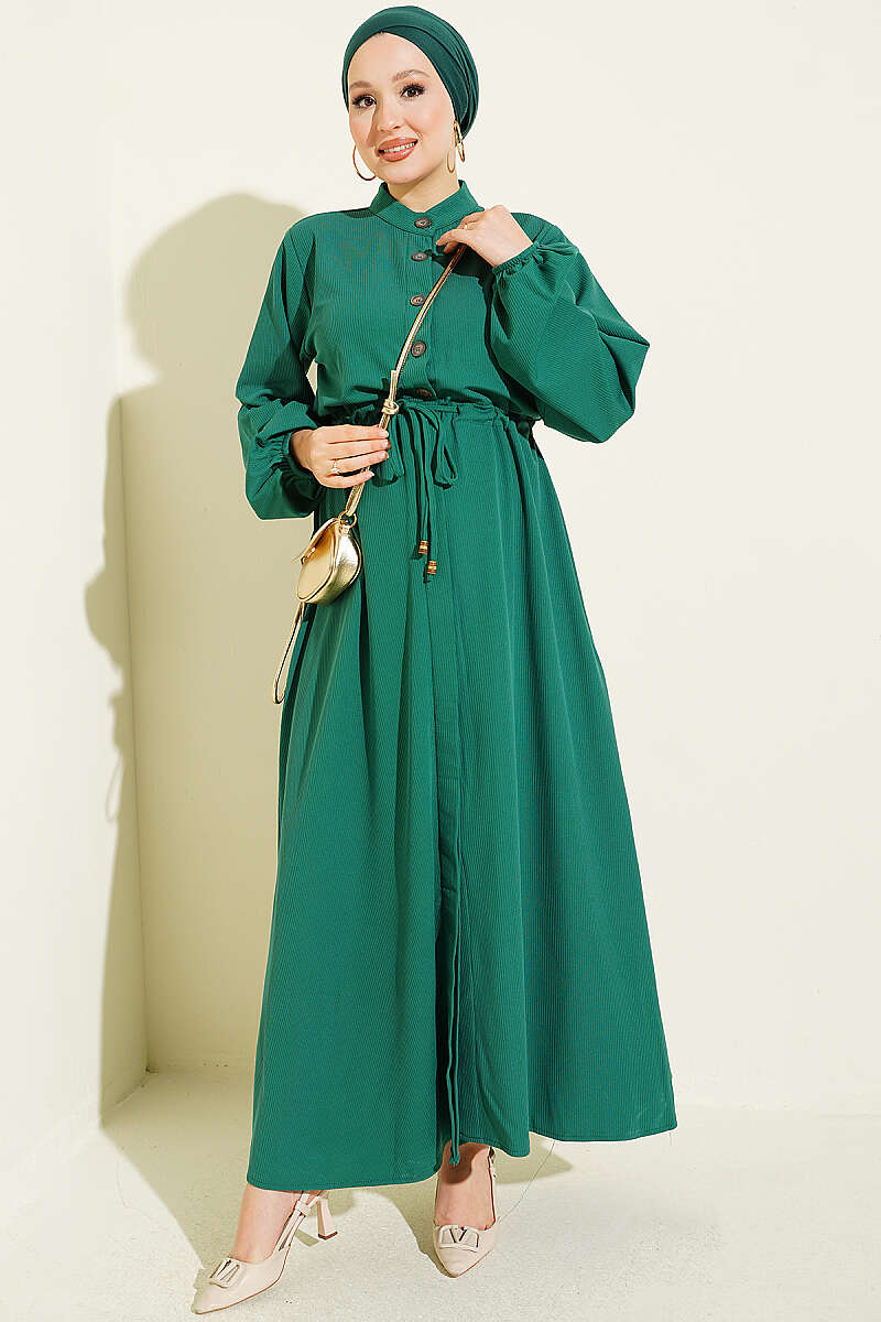 Drawstring-Waist Dress with Elastic Cuffs - Green