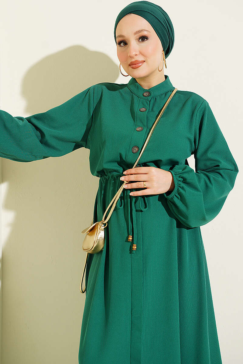 Drawstring-Waist Dress with Elastic Cuffs - Green