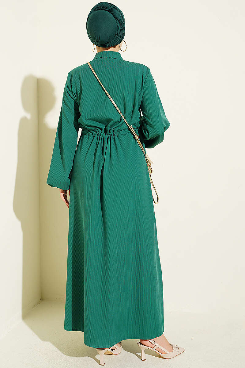 Drawstring-Waist Dress with Elastic Cuffs - Green