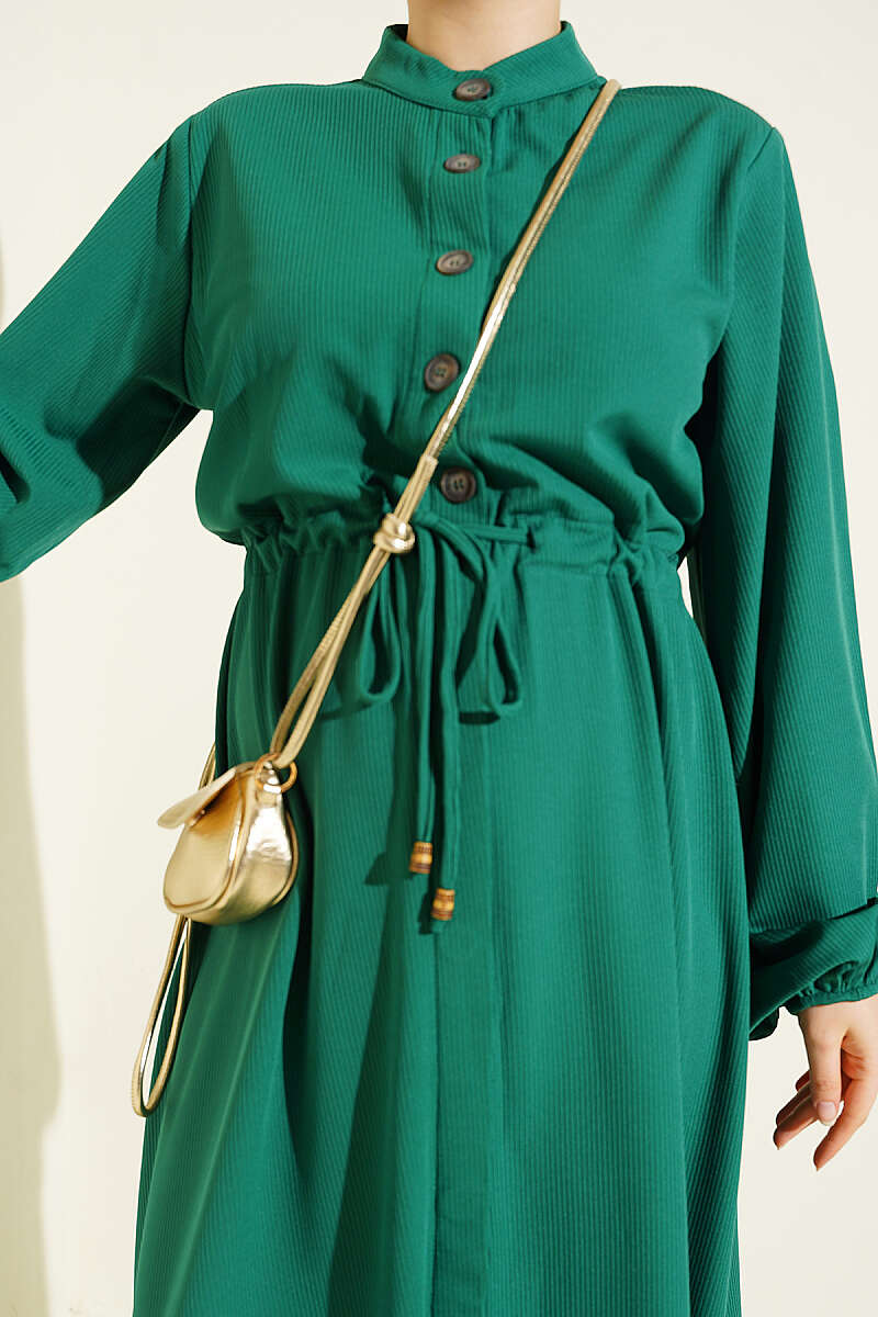 Drawstring-Waist Dress with Elastic Cuffs - Green