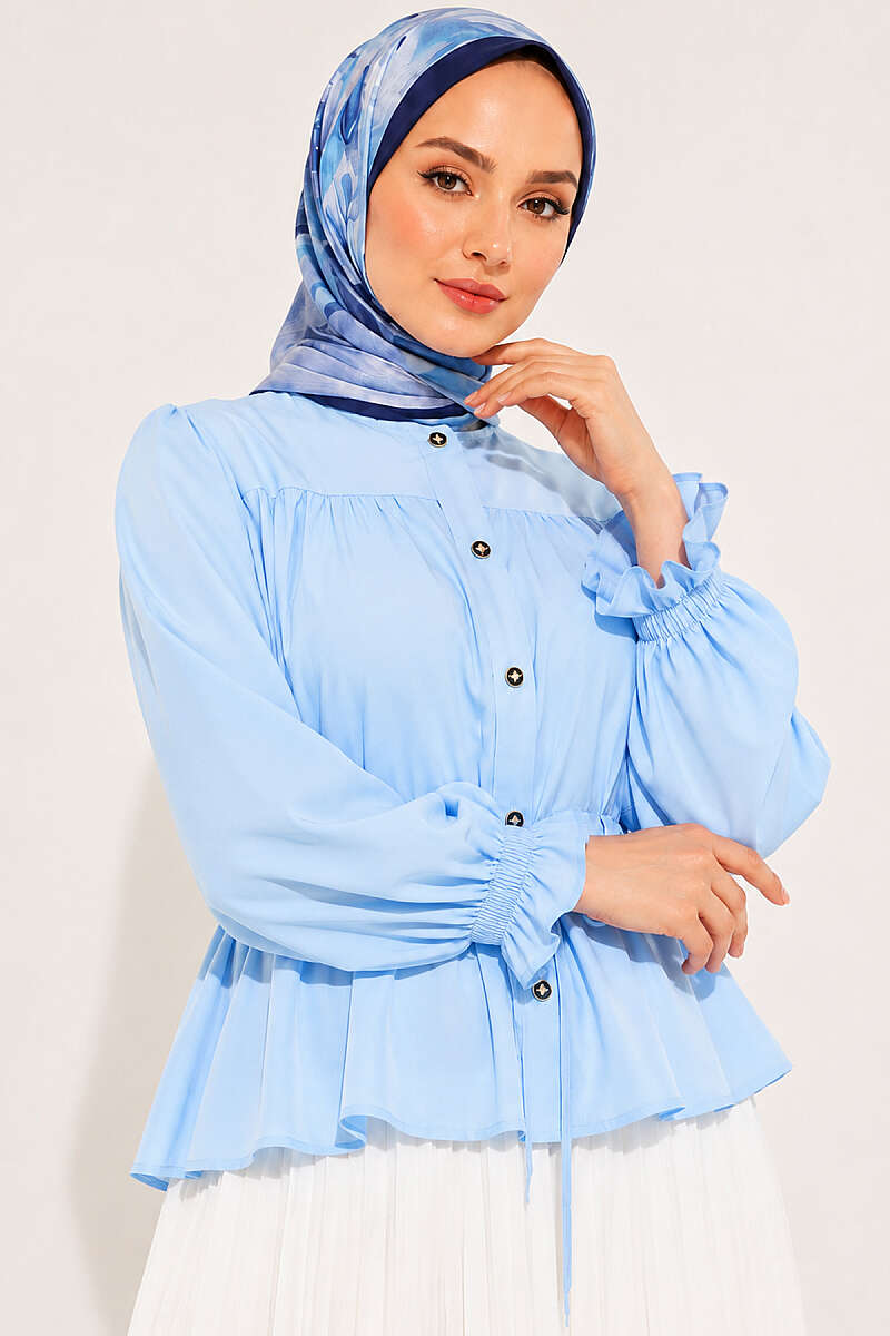 Short Shirt with Elastic Cuffs and Drawstring Waist - Blue