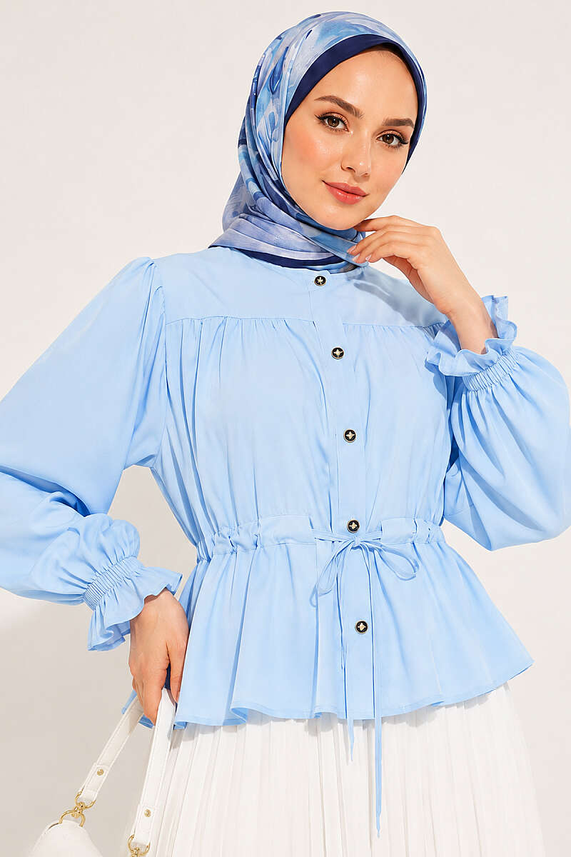 Short Shirt with Elastic Cuffs and Drawstring Waist - Blue