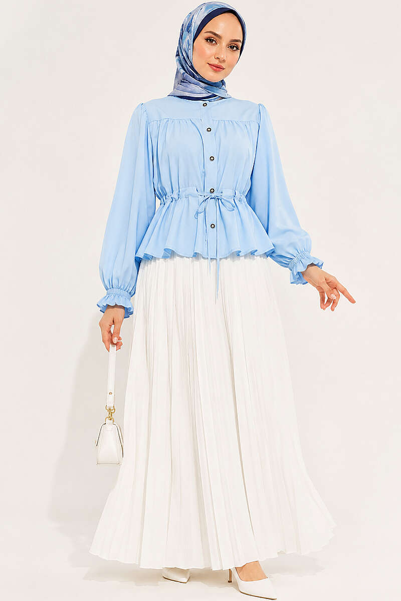Short Shirt with Elastic Cuffs and Drawstring Waist - Blue