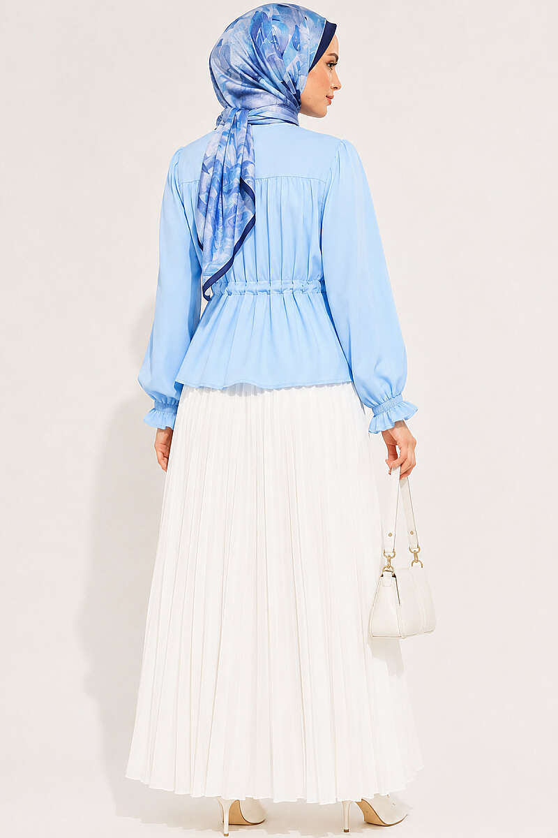 Short Shirt with Elastic Cuffs and Drawstring Waist - Blue