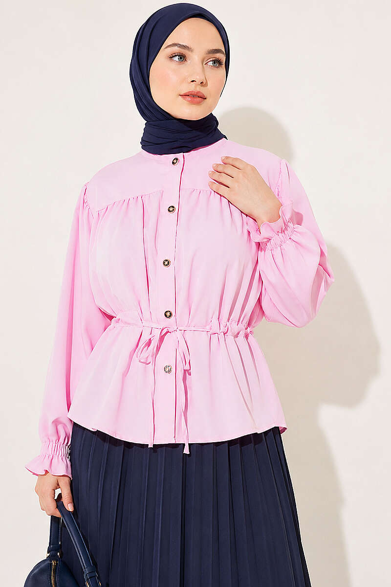 Short Shirt with Elastic Cuffs and Drawstring Waist - Pink