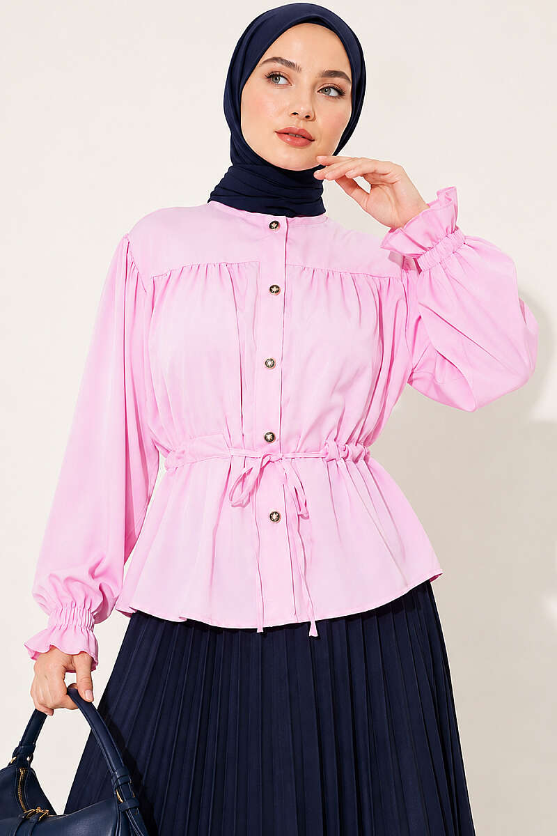 Short Shirt with Elastic Cuffs and Drawstring Waist - Pink