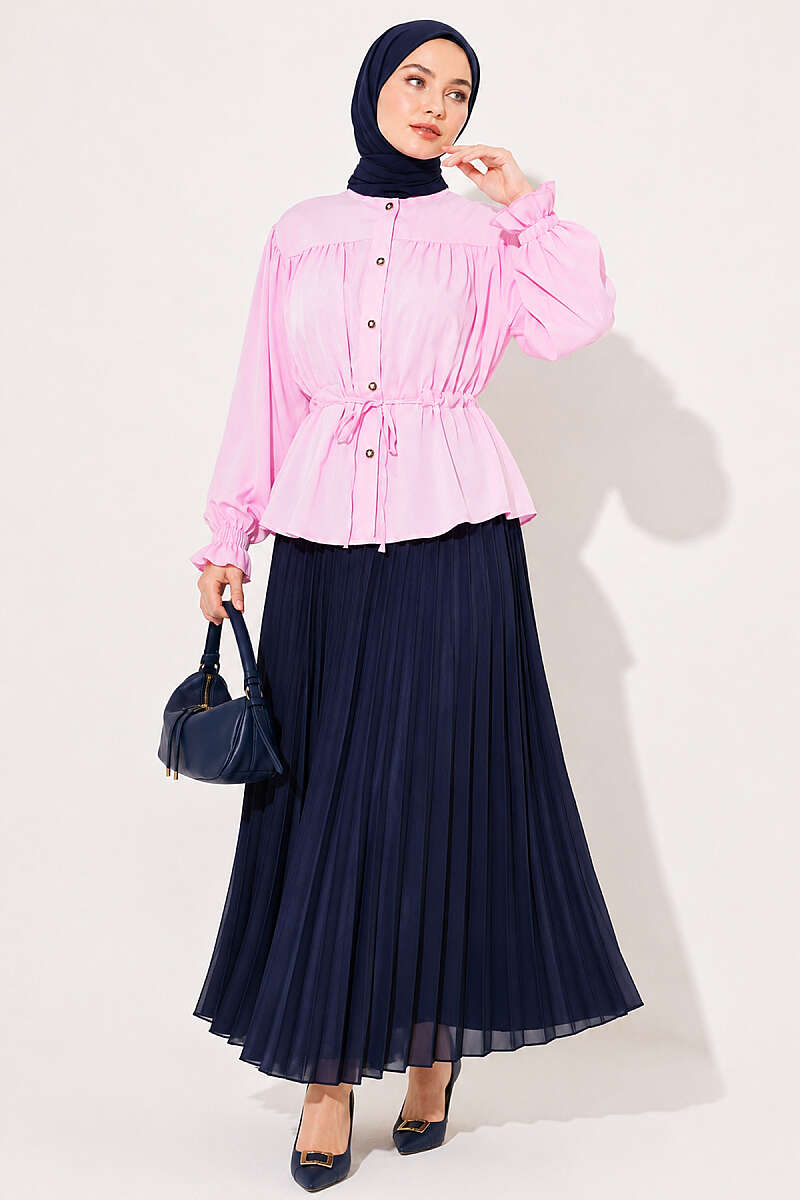 Short Shirt with Elastic Cuffs and Drawstring Waist - Pink
