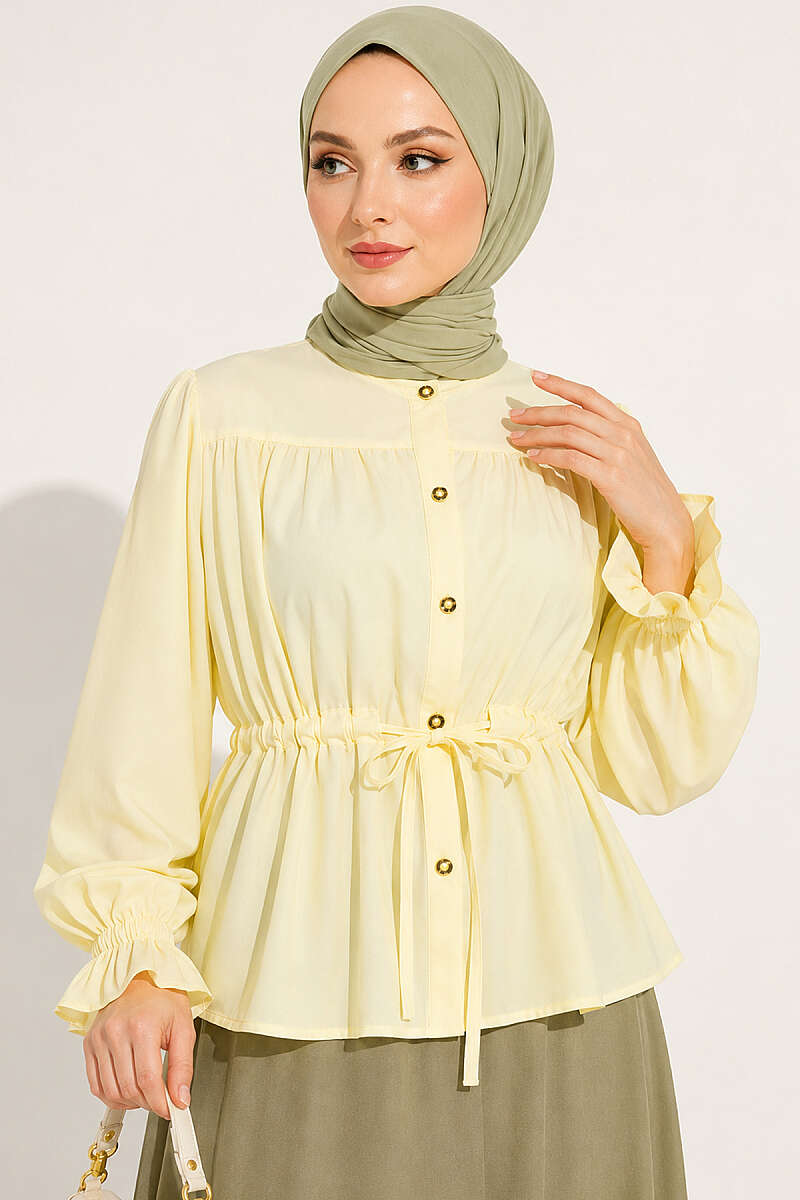 Short Shirt with Elastic Cuffs and Drawstring Waist - Yellow